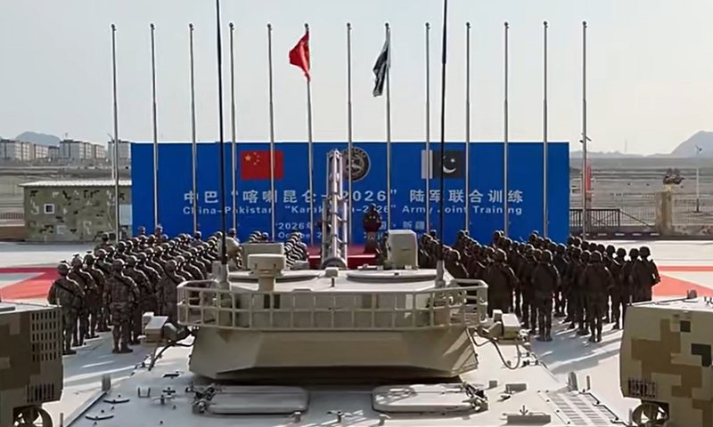 Pakistani and Chinese military personnel participate in joint counterterrorism training during Karakoram 2026 in Xinjiang, China.