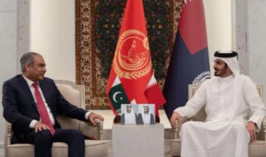 Pakistan’s Interior Minister Mohsin Naqvi meets Qatar’s Interior Minister Sheikh Khalifa bin Hamad bin Khalifa Al Thani in Doha on Oct. 20 to discuss bilateral security cooperation.