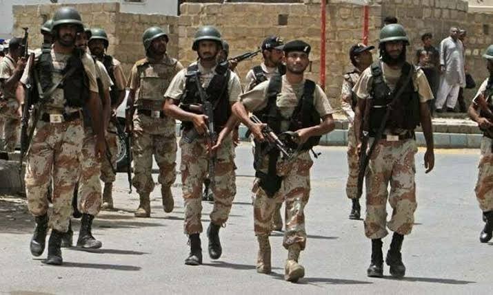 Pakistan Rangers personnel deployed in Islamabad amid security preparations ahead of the PTI long march