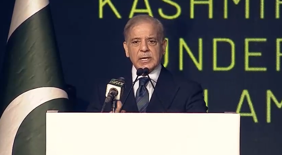 Prime Minister Shehbaz Sharif addresses the Kashmir Chowk Underpass groundbreaking ceremony in Islamabad
