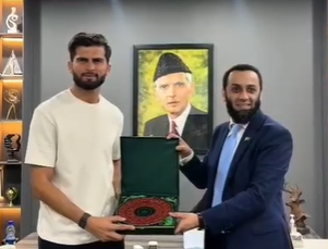 Federal Minister for Information Attaullah Tarar meets Pakistan fast bowler Shaheen Shah Afridi.
