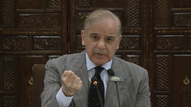 Prime Minister Shehbaz Sharif addresses the federal Apex Committee meeting on the National Action Plan at Governor House in Peshawar.