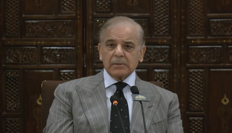Prime Minister Shehbaz Sharif addressing the Federal Apex Committee meeting on Pakistan’s security situation and sacrifices in the war against terrorism.