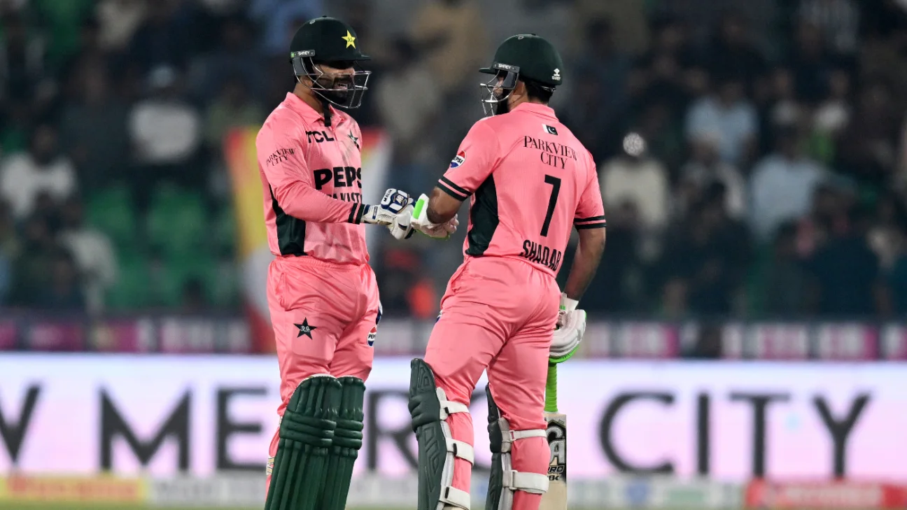 Shadab Khan and Haris Rauf celebrate Pakistan’s historic one-wicket ODI victory over England at Gaddafi Stadium in Lahore.