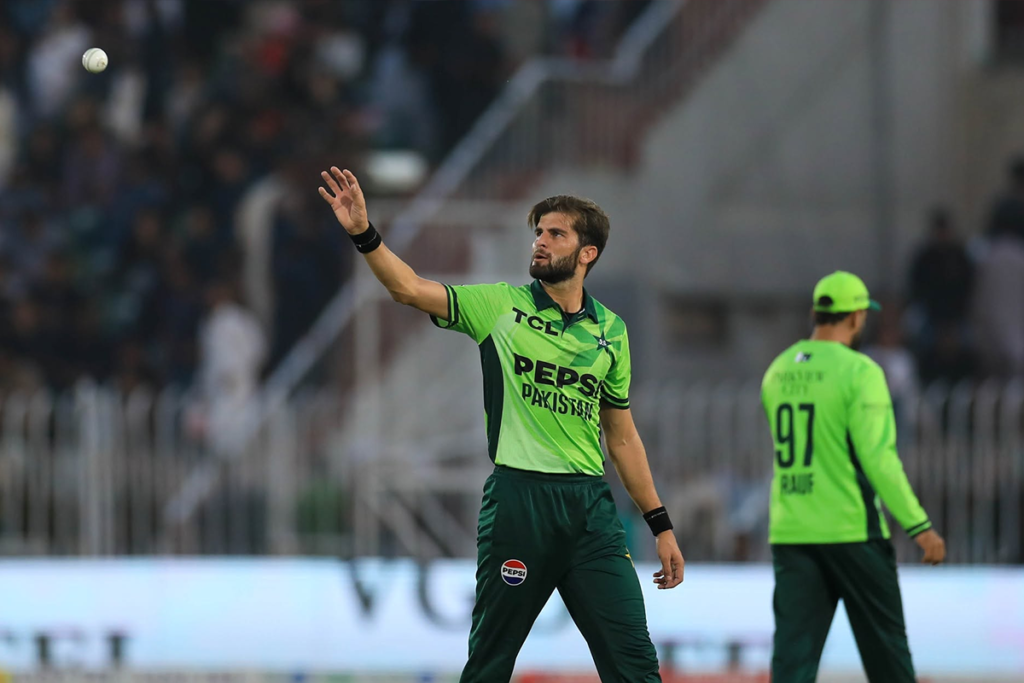 Pakistan captain Shaheen Afridi during an ODI tri-series match against England, with Pakistan preparing for the 2027 Cricket World Cup.