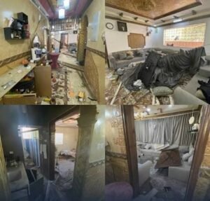 Residential area in Najran, Saudi Arabia, following a reported projectile strike that injured six people and damaged three homes and three vehicles.