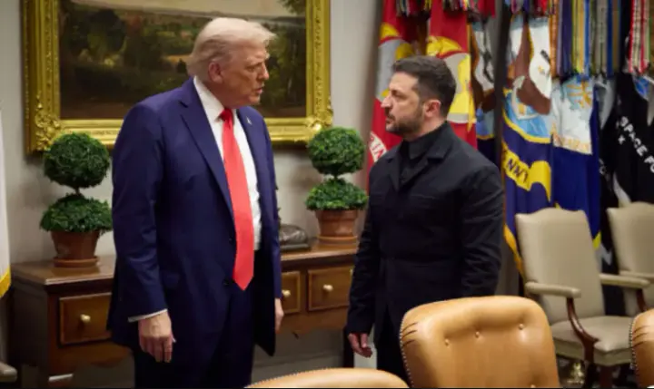 Donald Trump and Ukrainian President Volodymyr Zelensky amid disagreements over Ukraine elections, Russian oil refinery strikes and rising fuel prices.