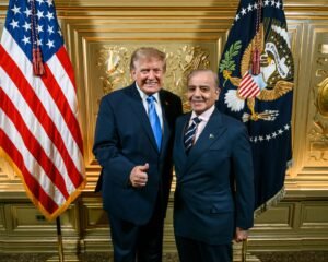 Prime Minister Shehbaz Sharif meets U.S. President Donald Trump at a reception during the 81st UN General Assembly in New York.