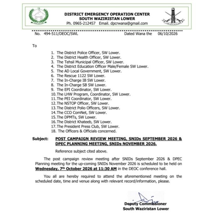 Wana Press Club president and an official health meeting at the DEOC conference hall in Lower South Waziristan