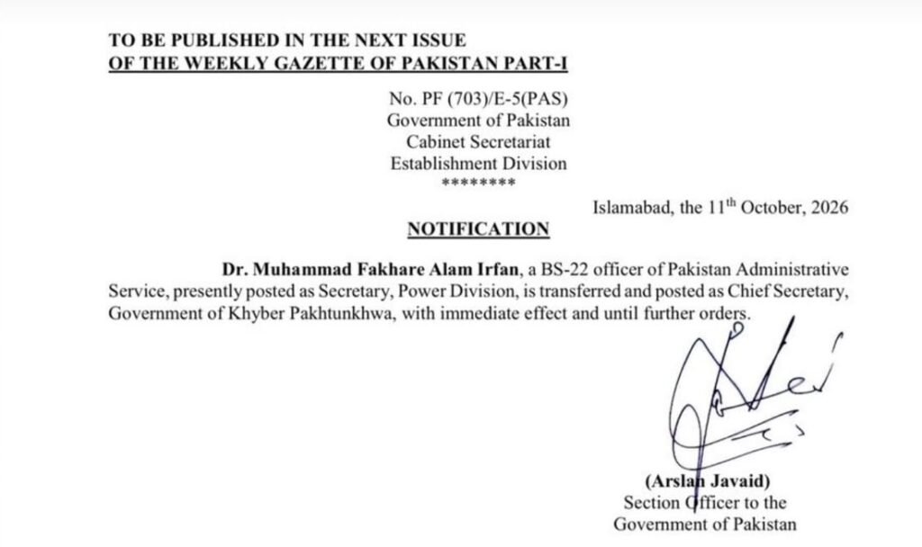 Dr. Muhammad Fakhr Alam Irfan, newly appointed chief secretary of Khyber Pakhtunkhwa.