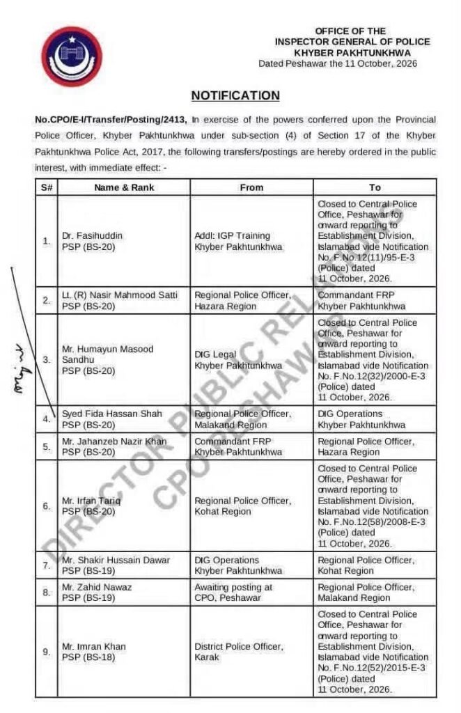 Official notification listing transfers and new postings of 18 Khyber Pakhtunkhwa Police officers dated Oct. 11, 2026.