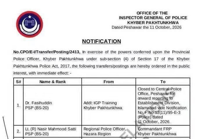 Official notification listing transfers and new postings of 18 Khyber Pakhtunkhwa Police officers dated Oct. 11, 2026.