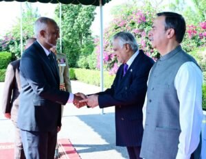 Maldives President Mohamed Muizzu receives a Guard of Honour during an official reception hosted by Prime Minister Shehbaz Sharif at the Prime Minister’s House in Islamabad.