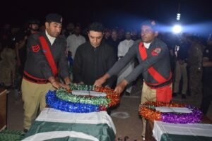 Funeral ceremony in Karak for DSP Imranuddin Khan and three other police personnel martyred during a counterterrorism operation, attended by senior KP police and civil officials.