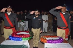 Funeral ceremony in Karak for DSP Imranuddin Khan and three other police personnel martyred during a counterterrorism operation, attended by senior KP police and civil officials.