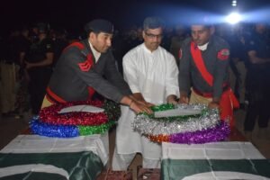 Funeral ceremony in Karak for DSP Imranuddin Khan and three other police personnel martyred during a counterterrorism operation, attended by senior KP police and civil officials.