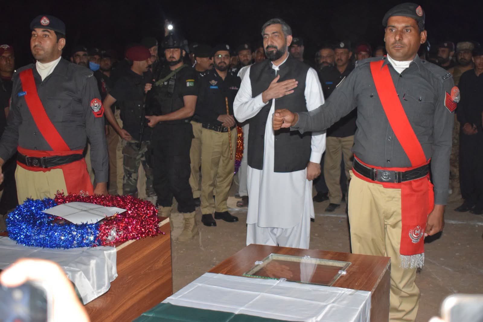 Funeral ceremony in Karak for DSP Imranuddin Khan and three other police personnel martyred during a counterterrorism operation, attended by senior KP police and civil officials.