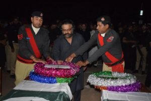 Funeral ceremony in Karak for DSP Imranuddin Khan and three other police personnel martyred during a counterterrorism operation, attended by senior KP police and civil officials.