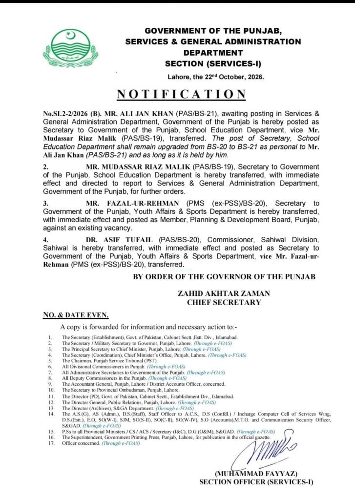 Punjab government notification dated Oct. 22, 2026, appointing Ali Jan Khan as secretary of the School Education Department and announcing three other senior officers' transfers.