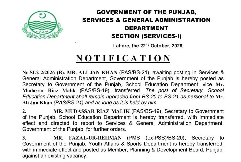 Punjab government notification dated Oct. 22, 2026, appointing Ali Jan Khan as secretary of the School Education Department and announcing three other senior officers' transfers.