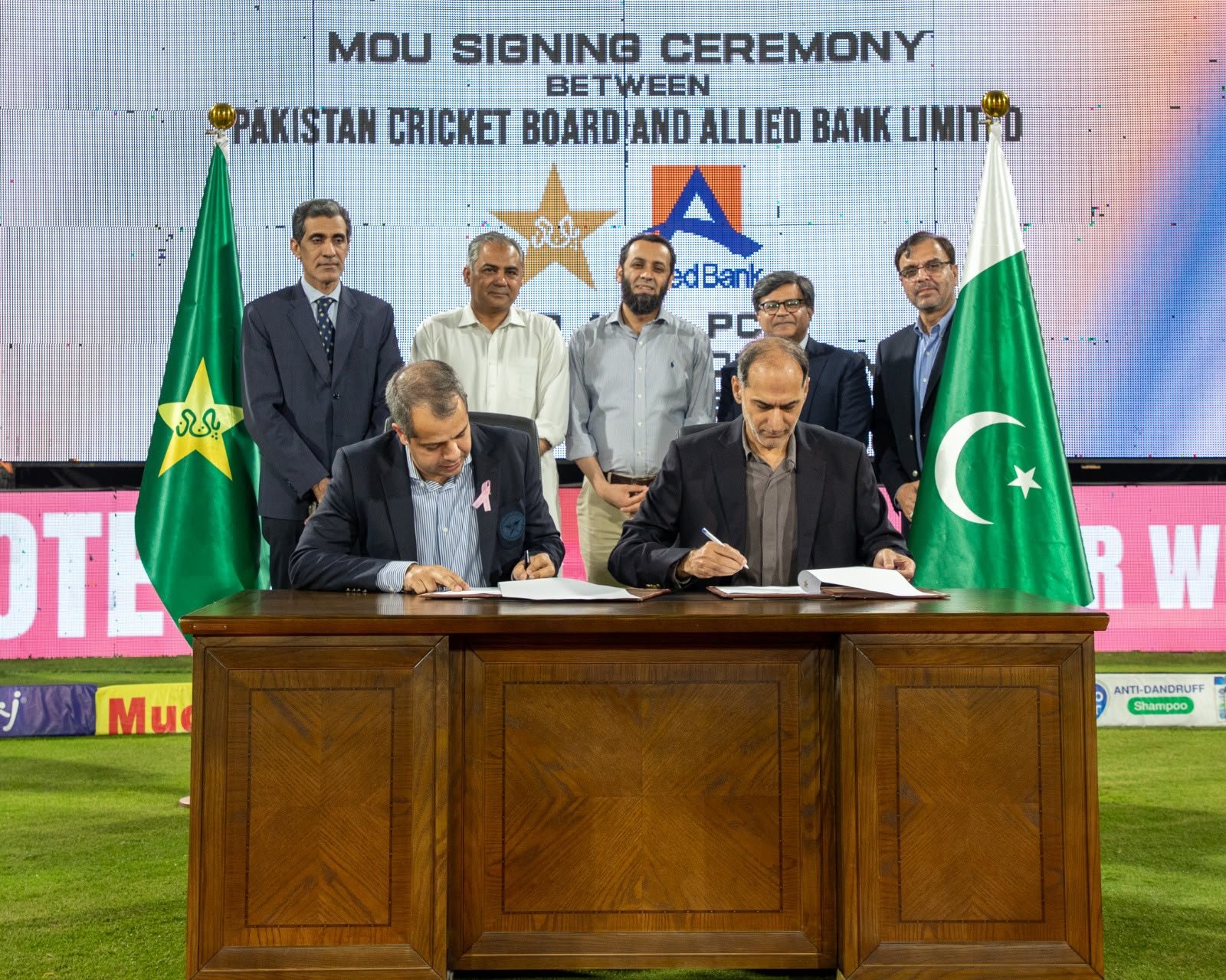 PCB Chairman Mohsin Naqvi attends the signing ceremony for the Schools Talent Hunt Programme sponsorship agreement between the Pakistan Cricket Board and Allied Bank at Gaddafi Stadium in Lahore.