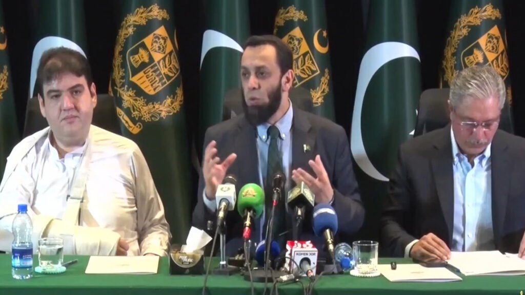 Federal Information Minister Attaullah Tarar addresses a news conference on PTI’s governance, security and development in Khyber Pakhtunkhwa.