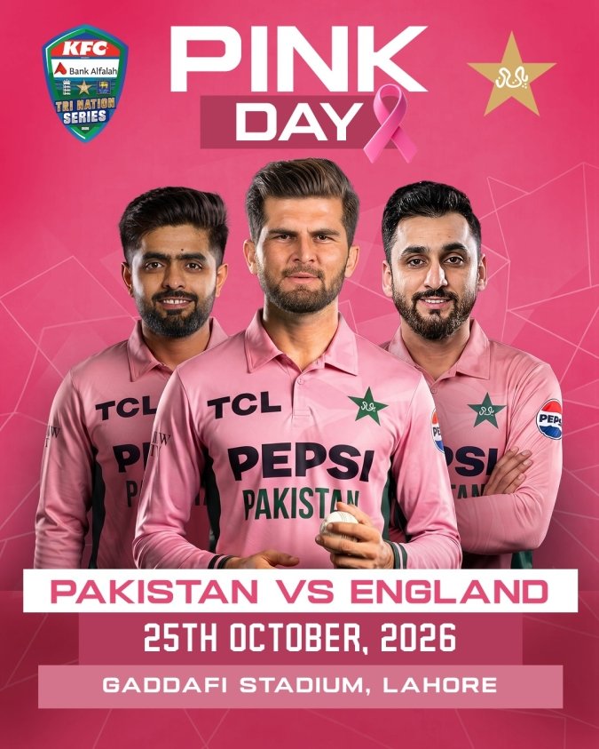 Pakistan-England ODI breast cancer awareness campaign featuring pink cricket kits and Pink Ribbon activities at Gaddafi Stadium in Lahore.